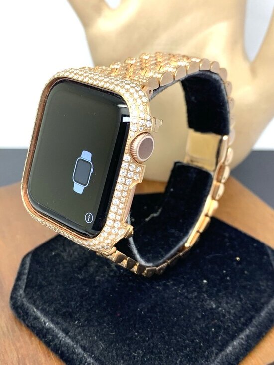 Apple Watch Series 5 Iced Out Real Diamonds Rose Gold Tone Stainless Steel Band main image 5
